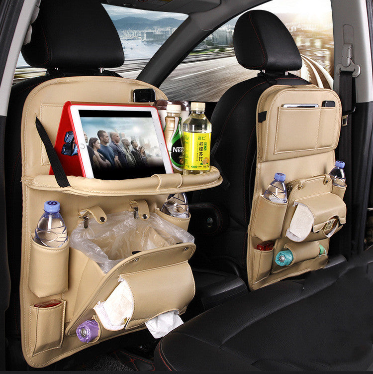 PU Leather Multifunctional Car Storage Bag - Waterproof Seat Back Organizer and Tray for Automotive Interiors