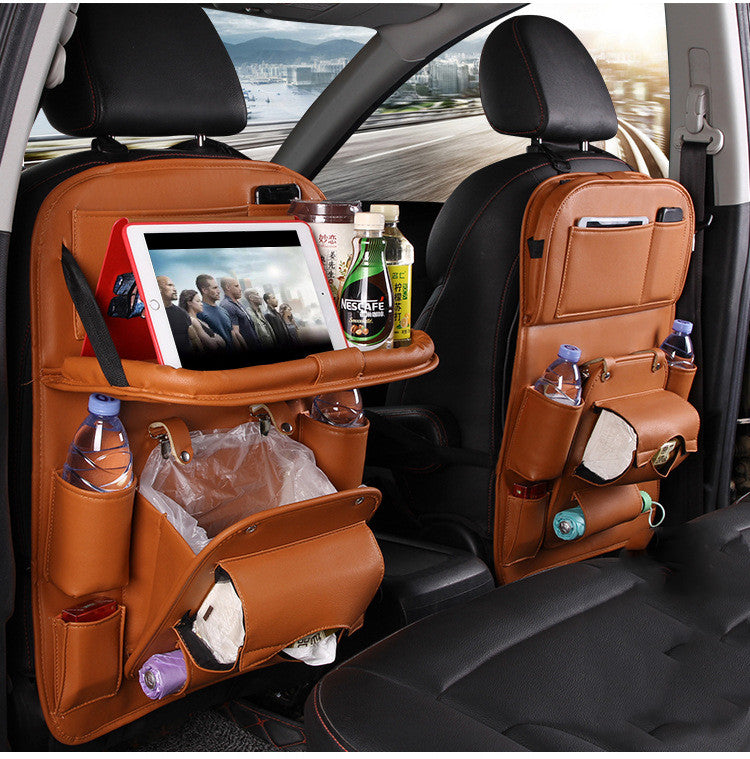 PU Leather Multifunctional Car Storage Bag - Waterproof Seat Back Organizer and Tray for Automotive Interiors