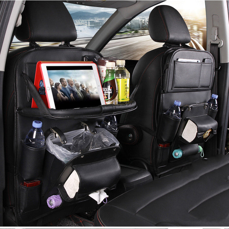 PU Leather Multifunctional Car Storage Bag - Waterproof Seat Back Organizer and Tray for Automotive Interiors