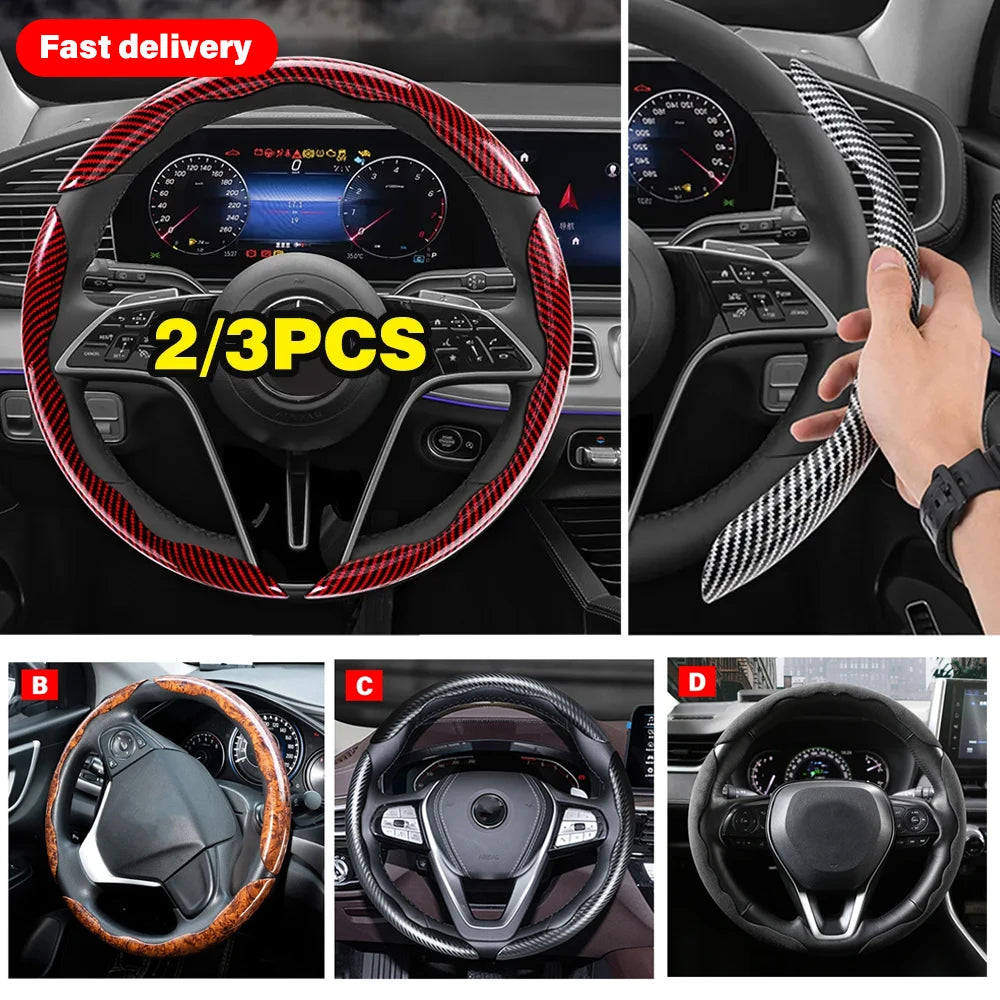 2/3PCS Carbon Fiber Silicone Car Steering Wheel Cover Custom Anti-Skid Booster Cover Auto Accessories 38Cm for Auto Deco 2024